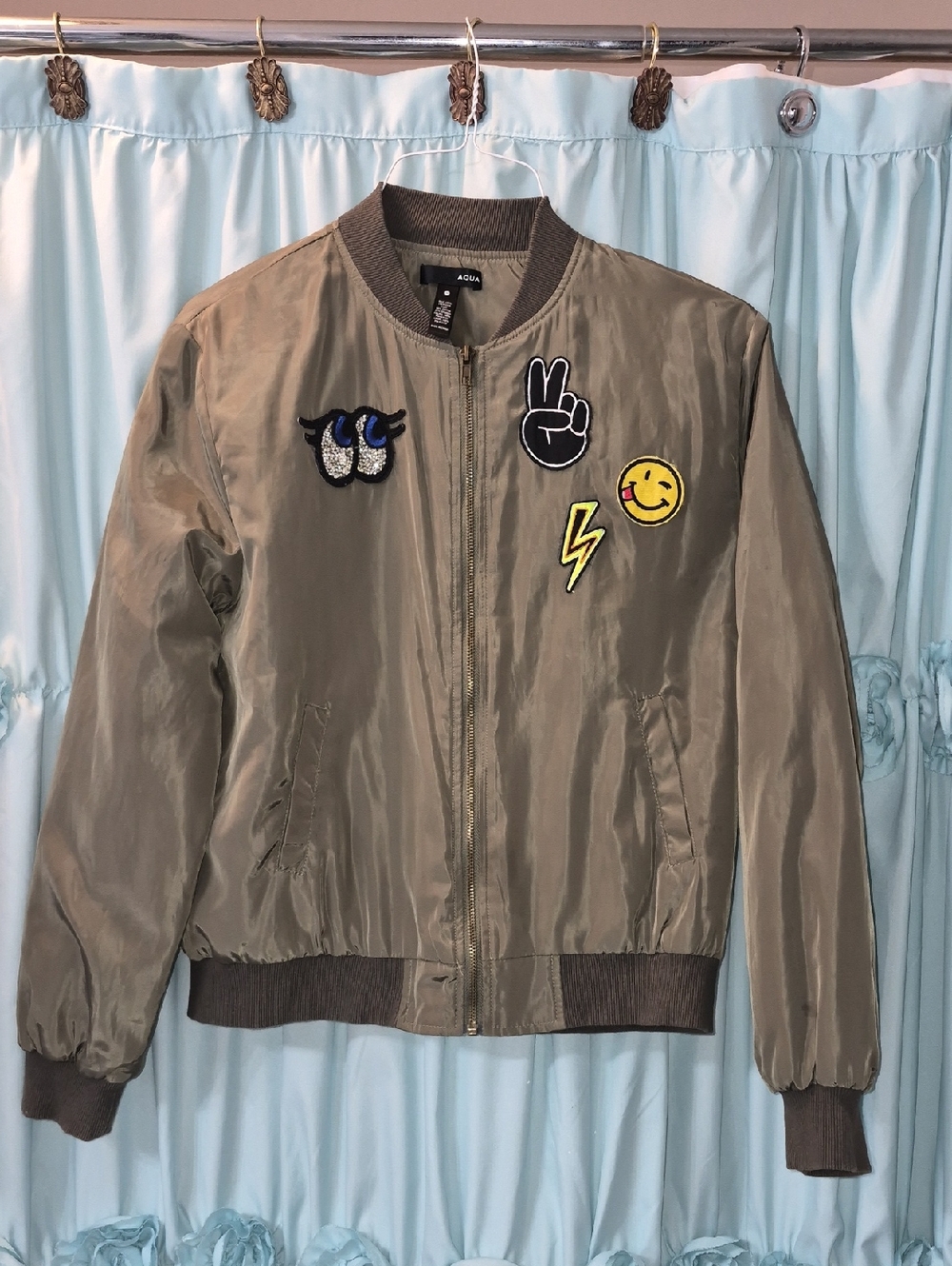 AQUA Olive Green Satin Peace Sign, Bolt Bling Eyes Bomber Parachute jacket Sz M